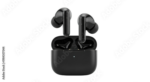Black wireless earbuds with charging case isolated on transparent background