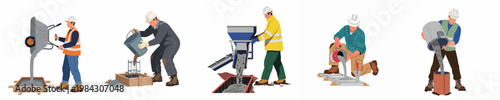Set of Construction Workers Pouring Wet Concrete into Foundations and Structures Wearing Safety Gear Isolated on White Background