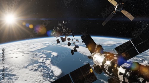 Space satellite debris near Earth for tech concepts, digital marketing, and scientific projects