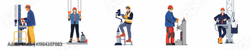 Vector illustration collection of diverse industrial workers and crane operators in protective gear managing heavy machinery and control panels on white background.
