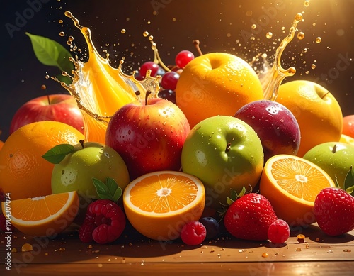 Vibrant still life of assorted fresh fruits on wooden surface