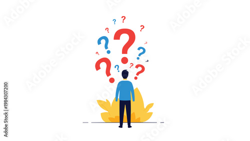 Confused man standing with his back to the viewer while facing a large group of colorful floating question marks.