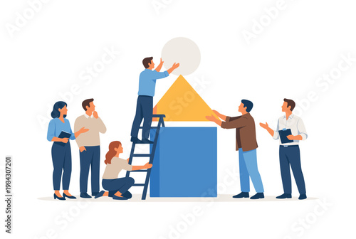 A group of entrepreneurs planning a startup in a modern workspace, discussing strategy, roles, and initial steps to launch a new business, visual metaphor of multiple