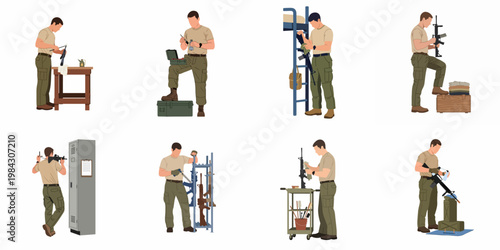 Flat vector illustration set showing a male soldier in uniform cleaning, inspecting, and maintaining an assault rifle in various military-themed settings.