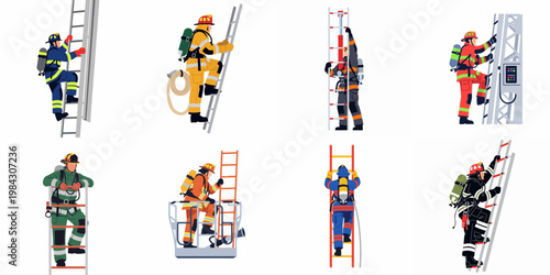 Collection of diverse firefighters in full protective gear climbing ladders and working on rescue platforms, set against a white background.