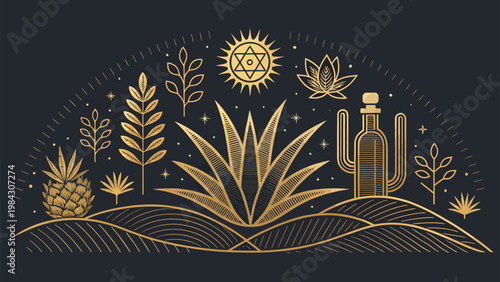 Elegant luxury tequila branding pattern with thin lines gold desert plants and bottle