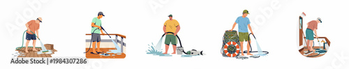 Vector illustrations of various men cleaning boat decks, hosing down surfaces, and washing fresh catch in a maritime environment.