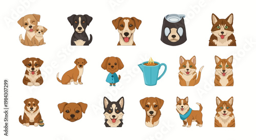 Cartoon dogs and cats in various poses and expressions