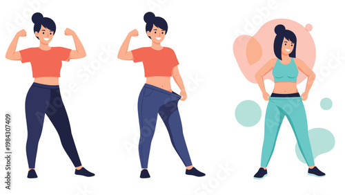 Progression of three illustrations showing a woman successfully achieving her weight loss and fitness goals over time.