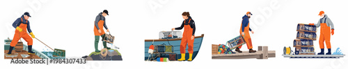 Vector illustration set featuring diverse commercial fishermen in orange waterproof overalls working with lobster and crab traps on boats, docks, and rocky shores.