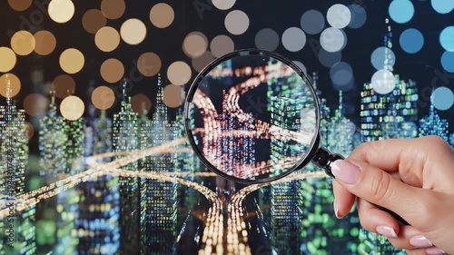 Hand holding magnifying glass over digital cityscape for corporate presentations, business marketing, and commercial use