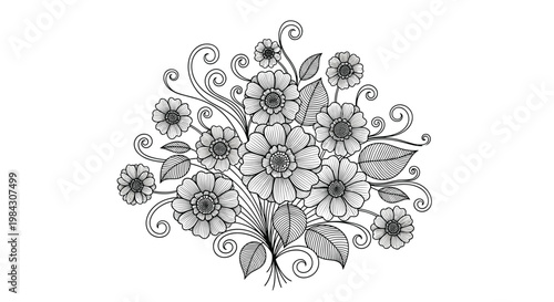 Ornate black and white line art drawing of a dense floral bouquet with elegant leaves perfect for vintage botanical design and nature illustration.