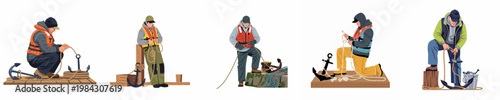 Set of Five Vector Illustrations of Fishermen Working with Ropes, Anchors, and Nets on a White Background
