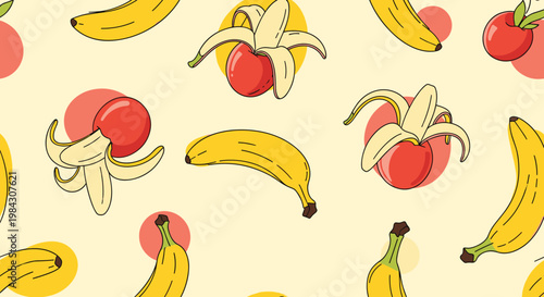 A cheerful seamless pattern featuring bananas and red cherries perfect for food design wallpaper or textile background.