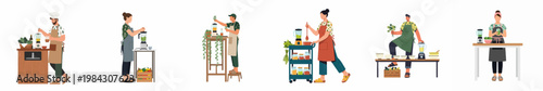 Set of diverse characters preparing healthy food, juices, and smoothies using blenders and fresh ingredients in a series of flat vector illustrations.