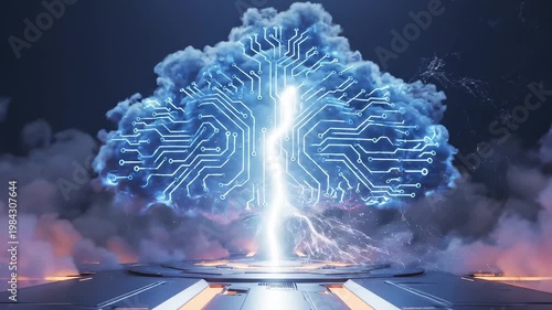 Cloud with circuit brain and lightning for corporate presentations, business marketing, and commercial use