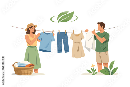 Sustainable lifestyle and energy-saving practice theme where individuals choose natural methods for drying clothes to reduce electricity usage and environmental impact,