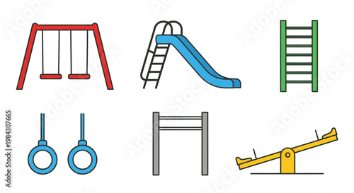 A colorful illustration depicts various playground equipment including swings a slide monkey bars and a seesaw silhouette high quality professional detailed modern elegant stylish