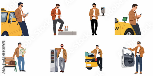 Set of flat vector illustrations depicting a stylish man using taxi services, mobile apps, and navigating city transportation in various urban scenarios.