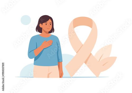 A community promoting health awareness and early detection in a supportive environment, represented by a person standing beside a simple awareness ribbon shape while