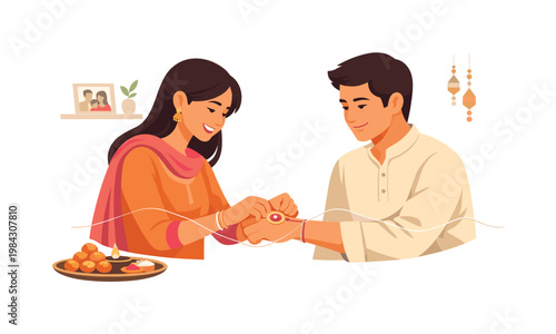 Raksha Bandhan celebration showing a sister tying a rakhi on her brothers wrist in a warm home setting, representing family bonds, tradition, and mutual care, visual