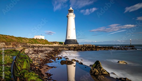 A serene coastal scene featuring a tall white lighthouse