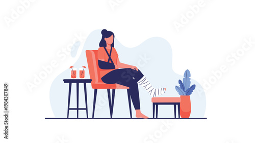 Injured woman with a cast on her leg and arm resting in a chair while recovering from a serious physical accident.