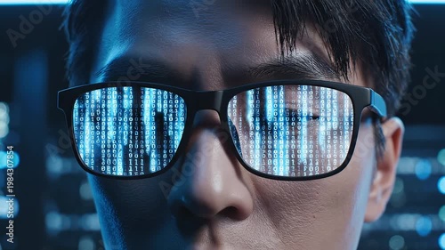 Closeup of a person wearing glasses with binary code reflection for commercial backgrounds, digital design, and advertising