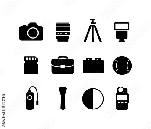 Photography equipment essentials: camera body, camera lens, tripod stand, flash unit, memory card, camera bag, battery pack, lens cap, remote shutter, cleaning brush,