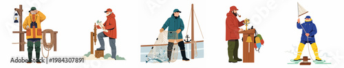 Set of flat illustrations featuring various professional fishermen and sailors engaged in nautical activities like navigating, fishing with nets, and using nautical tools.