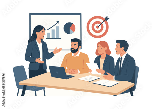A business team developing a marketing strategy in a structured meeting environment, analyzing target audience and planning campaigns to achieve growth and brand