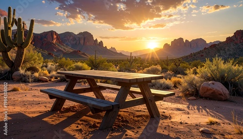 A serene desert landscape with a wooden picnic table at sunset (1)