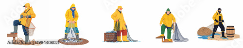 Set of five flat vector illustrations of professional fishermen in yellow waterproof gear working with fishing nets and fresh catch on white background.