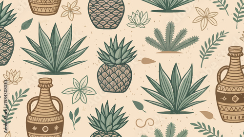 Rustic hand drawn mezcal craft label pattern with agave plants pineapples and bottles on beige background