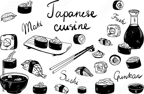 Vector doodle set of Japanese cuisine and sushi hand drawn on white background