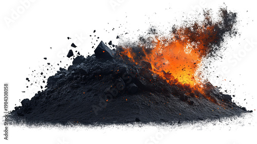 Volcanic eruption with ash and fiery core, set against black background