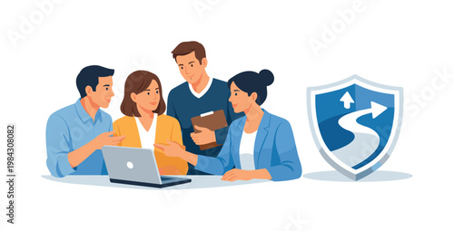 A team aligning preventive actions during a collaborative planning discussion, gathered near a laptop while interacting with a simple shield and pathway symbol beside it,