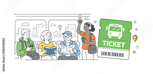 Public transport daily commute scene showing a diverse group of passengers traveling together in a city environment, with a simple bus and a single ticket as the visual