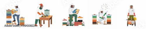 Set of flat vector illustrations depicting professional beekeepers in protective gear performing various tasks like hive inspection, honey harvesting, and equipment transport.