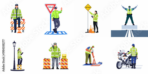 Photos Collection of Flat Vector Illustrations of Traffic Police Officers and Road Work