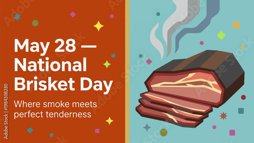 National Brisket Day with sliced smoked beef brisket, barbecue meat and gourmet food concept, modern flat vector illustration