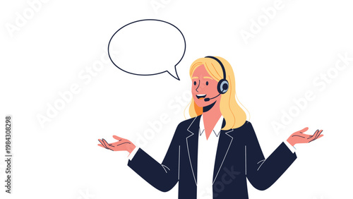 Friendly blonde customer service representative wearing a headset and gesturing while speaking from a blank speech bubble.