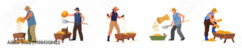 Set of diverse farmers working with hay and feeding livestock in a flat vector illustration style isolated on a white background.