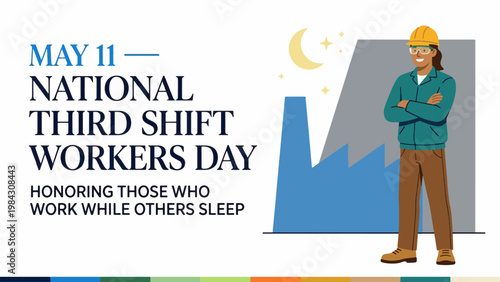 National Third Shift Workers Day with industrial worker at night, essential workforce and overnight job concept, modern flat vector illustration