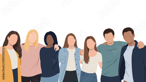Diverse group of young men and women stand together in a row with their arms around each other, symbolizing unity, friendship, and inclusivity.
