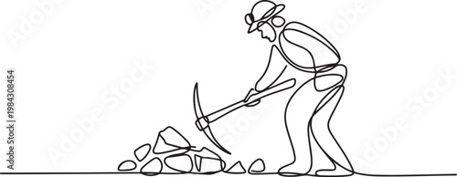 Continuous one line drawing A Traditional miner uses a hoe to get treasures.one line drawing vector illustration