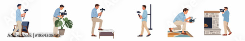 Professional videographer character set in various filming poses with camera rigs and gimbals, flat vector illustration on white background.