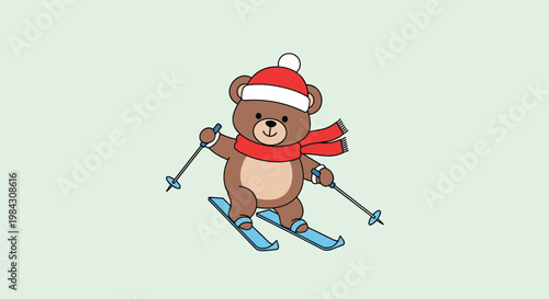 Adorable teddy bear dressed in winter clothing skiing happily across an icy landscape during the holiday season.