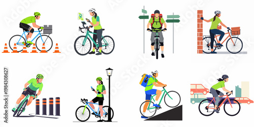 Collection of flat vector illustrations featuring bicycle delivery couriers in various urban scenarios, from navigating traffic to using GPS for efficient deliveries.