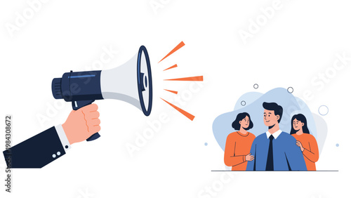 Large hand holds a blue megaphone to deliver an important announcement to a group of attentive people, emphasizing the power of communication.
